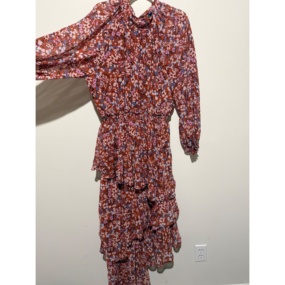Arula Rust Floral Tiered Maxi Dress Mock Neck Smocked Waist Size A BD10896B